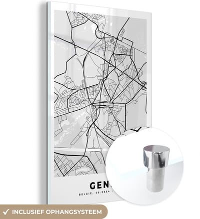 MuchoWow® Glasschilderij 120x180 cm - Schilderij acrylglas - België – Genk – Stadskaart – Kaart – Zwart Wit – Plattegrond - Foto op glas - Schilderijen