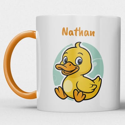 kindermok/kinderbeker | gepersonaliseerd met naam | met eend | oranje | Schattige illustraties