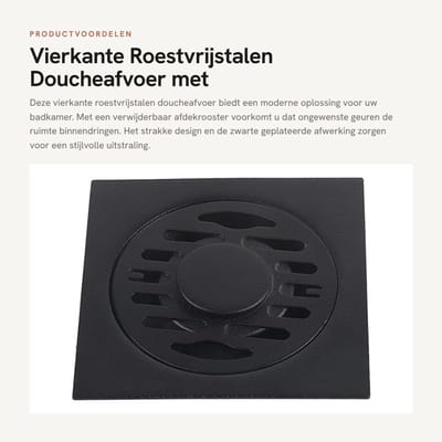 Dailygoods- Doucheafvoer Roestvrij Staal - Vierkante Afvoerputje - Afvoerputje Wasmachine - Zwart Geplateerde Afwerking - Verwijderbaar Afdekrooster - Afmetingen 10 x 10 x 2,5 cm