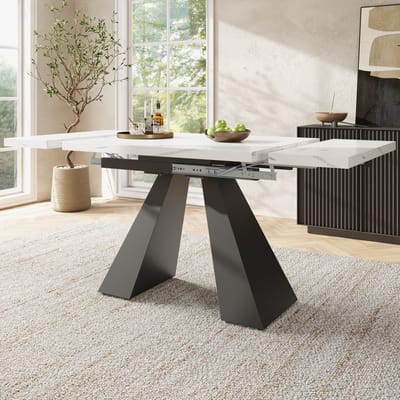 DESMIU Eettafel - Uitschuifbaar Ontwerp Met Marmorlook En Stevige Poten - Voor Eetkamer, Woonkamer En Thuiswerkplek - MDF En Metaal - Wit En Zwart - 99 Tot 159 X 74 X 77 Cm