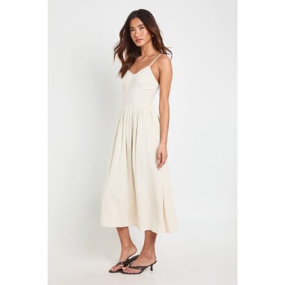 boohoo Dames Premium Linnen Corset Detail Midi Skater Jurk | Natural | Maat: 36