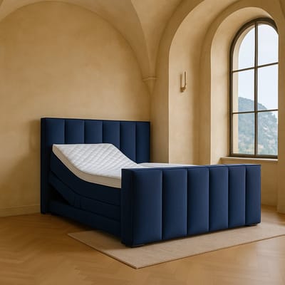 Boxspring Amalfi Elektrische verstelbaar met Luxe Pocketvering Stof 140x210 cm donkerblauw Gratis 2x Hoofdkussens