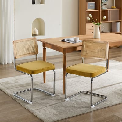 Clruro Eetkamerstoelen - 2 Stuks - Cantilever met Rotan Rug - Fluweel en Chroom - Goudkleurig