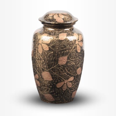 Handgeschilderde Messing Urn Groot 3 liter Goudkleurig Brons Bloemen - Urn voor Menselijke As - Crematie Urn voor As Volwassenen