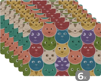 Placemat - Placemats kunststof - Katten - Regenboog - Kind - Design - 45x30 cm - 6 stuks - Hittebestendig - Anti-Slip - Onderlegger - Afneembaar