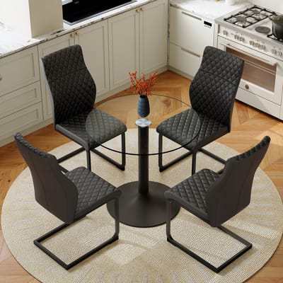 FloraGrace Eettafelset Rond 85 Cm Met 4 Stoelen Hoge Rugleuning En Ruitstiksel Voor Kleine Eethoek Glas En Metaal Zwart