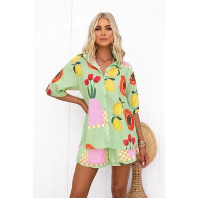 Nieuwe Casual Dames Shorts Tweedelige Set van Veelzijdig Bedrukt Vest Shirt XL groen