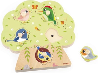 Houten Puzzel - Geluiden Puzzel - Vogelgeluiden Leren - 5 Delen Actief - 24 x 24 cm - Meerkleurig