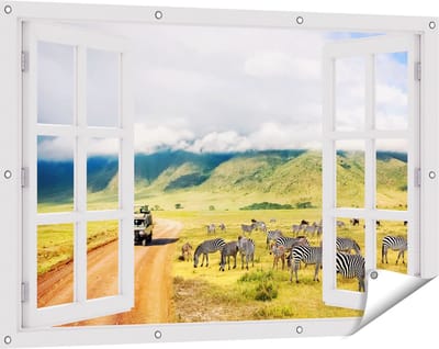 Gards Tuinposter Doorkijk Safari Auto tussen de Zebra's - 120x80 cm - Tuindoek - Tuindecoratie - Wanddecoratie buiten - Tuinschilderij