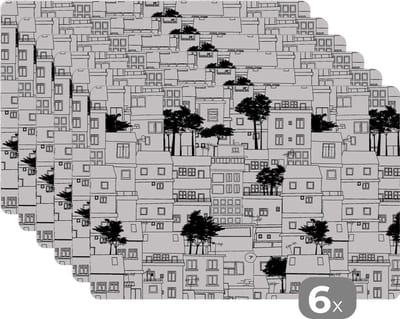 Placemat - Placemats kunststof - Patronen - Bomen - Huis - 45x30 cm - 6 stuks - Hittebestendig - Anti-Slip - Onderlegger - Afneembaar