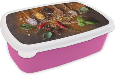 Broodtrommel Roze - Lunchbox - Brooddoos - Lepels - Kruiden - Chilipeper - Specerijen - 18x12x6 cm - Kinderen - Meisje