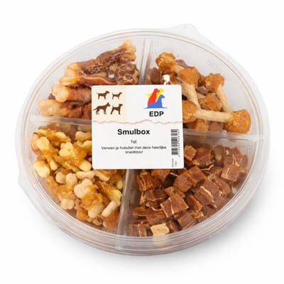 Zoolekker Smulbox - ronde snackbox met vier vakjes gevuld met diverse hondensnacks