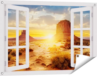 Gards Tuinposter Doorkijk Zonsondergang in Woestijn Monument Valley - 90x60 cm - Tuindoek - Tuindecoratie - Wanddecoratie buiten - Tuinschilderij