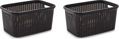 Plasticforte rotan wasmand - 2x stuks - 35 liter - bruin - kunststof - badkamer - 53 x 36 x 26 cm