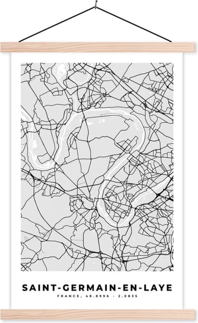 Posterhanger incl. Poster 40x60 cm - Schoolplaat - Stadskaart – Frankrijk – Kaart – Saint-Germain-en-Laye – Plattegrond - Textielposter - Blanke latten - Stadskaart