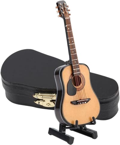Miniatuur Gitaar Decoratie - Houten Muziekmodel - Sierlijk Ornament - Inclusief Standaard Koffer - 10 cm Hoog - Houtkleur