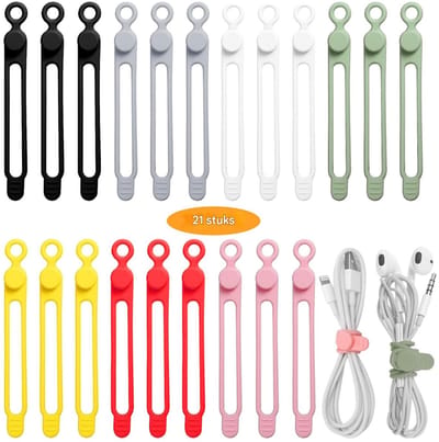 QTTVBTNA 21 Stuks - Siliconen kabelbinders - elastische kabelorganizer - opbergen oplaadkabels - herbruikbare kabelbinders – Kleurrijke