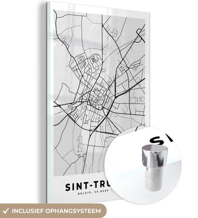 MuchoWow® Glasschilderij 120x180 cm - Schilderij acrylglas - Plattegrond – Sint Truiden – Zwart Wit – Stadskaart - Kaart - Foto op glas - Schilderijen