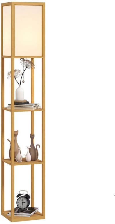 Archi Vloerlamp – Lamp - moderne houten staande lamp – Staand – opbergrek met 3 niveaus – 160 cm – naturel/wit