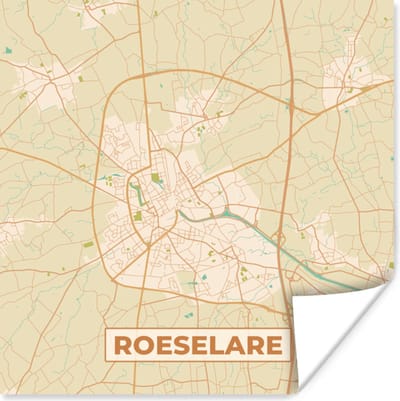 Poster Kaart - België - Stadskaart - Roeselare - Plattegrond - 100x100 cm XXL