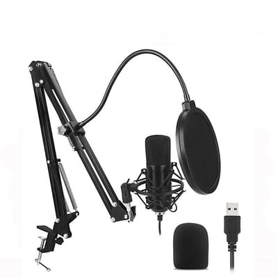 DrPhone SoundCore - Condensator Studiomicrofoon met Broadcast statief en Popfilter – USB en XLR voor Live Streaming en Opnames - 360° Verstelbare Rotatiearm – Bureaubeugel - Zwart