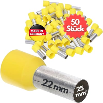 50 stuks Kalitec AE2522GE adereindhulzen geïsoleerd 25mm² 22mm lang geel I Made in Germany I Industriële kwaliteit
