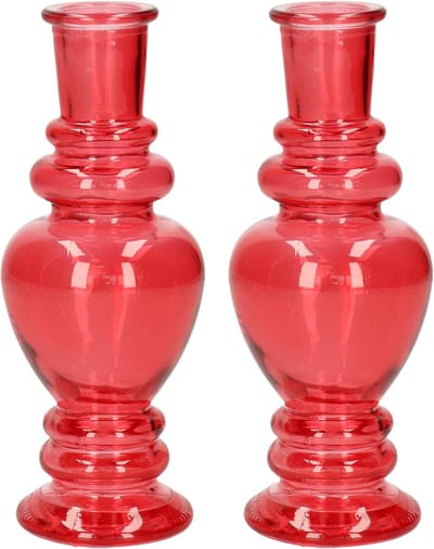 Ideas 4 Seasons Bloemenvaas Venice - 2x - voor kleine stelen/boeketten - gekleurd sierglas - helder koraal rood - D5.7 x H15 cm