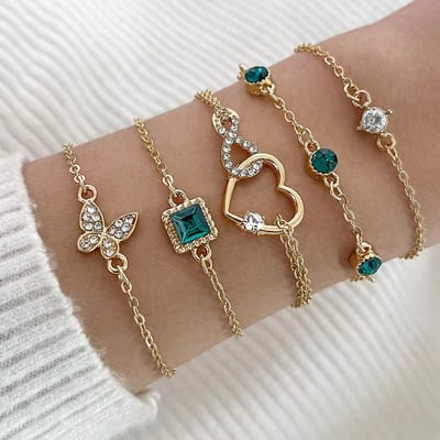 Armbanden Set Goudkleurig - Vlinder - Hartje - Groen - Wit - 5 delig