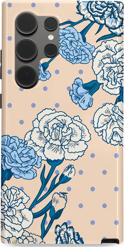 Casetastic hoesje geschikt voor Samsung Galaxy S24 Ultra - Dubbellaagse bescherming - Anjer elegantie - Fashion Case - Zand Zilver Lichtblauw