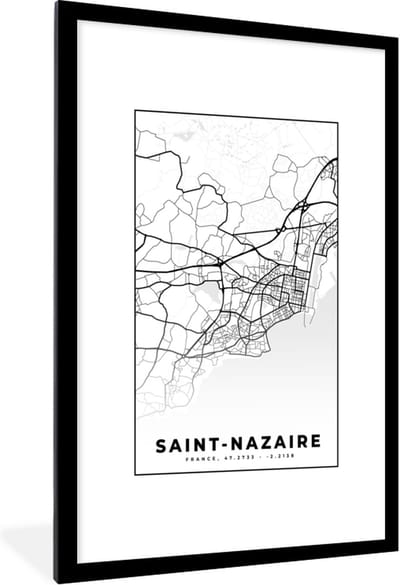 Fotolijst incl. Poster Zwart Wit- Plattegrond - Saint-Nazaire - Kaart - Frankrijk - Stadskaart - Zwart wit - 80x120 cm - Posterlijst