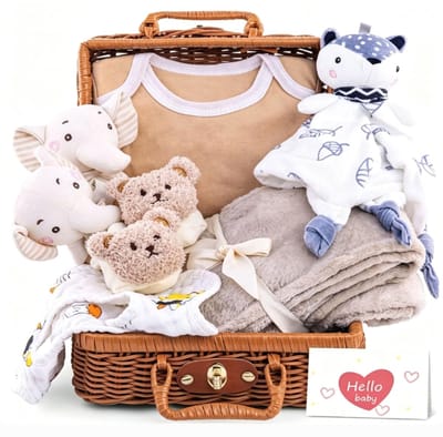Dailygoods- Babycadeauset - 1 x Romper - 2 x Rammelaars - 1 x Slabbetje - 1 x Paar Antislip Sokken - 1 x Houten Mijlpaalkaart - Inclusief Geschenkmand - Babygiftset