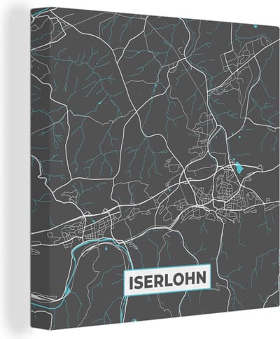 Canvas Schilderij Blauw – Duitsland – Plattegrond – Stadskaart – Kaart – Iserlohn - 20x20 cm - Wanddecoratie