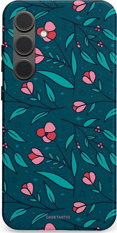Casetastic hoesje geschikt voor Samsung Galaxy S24 Plus - Dubbellaagse bescherming - Blauwe Groene Bloemenpracht - Fashion Case - Petrol Donkergrijs