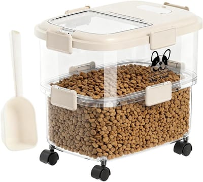 Ruime opbergdoos voor hondenvoer van 19 liter, transparant met deksel en wielen, ideaal voor het bewaren van dierenvoeding en kattenvoer, inclusief handige lepels voor gemakkelijk gebruik