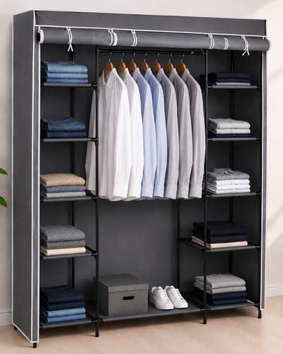 HEM Garderobekast 141x45x167 cm – Opvouwbare Kledingkast – Stoffen Kast met Legplanken en Kledingroede – Donkergrijs – Inclusief HEM Microvezeldoekje