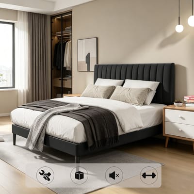 KUTAS Gestoffeerd bed 140x190 CM - Tweepersoonsbed - Heavy Duty Metalen Bedframe - Met Verstelbaar Gestoffeerd Hoofdbord Zwart - Met Opbergruimte en Lattenbodem - Eenvoudige Montage