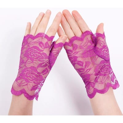 Holle Kant Bloemen Visnet Vingerloze Handschoenen Elegant Zonbescherming Dames Mesh Dans Bruiloft Wanten Handdecoratie One Size paars