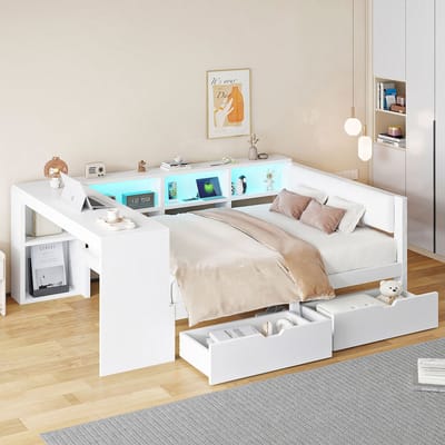 DESMIU Platformbed 140x200 cm – Gevoerd Hoofdbord Met Oplaadpunt En Ledverlichting – Met Planken En 2 Laden – Voor Slaapkamer – Wit – Zonder Matras