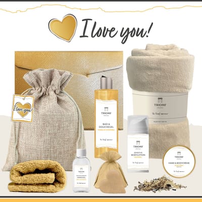 Geschenkset “I Love You!” - 8 producten - 1240 gram - Triomf Cosmetica | Giftset voor haar Cadeau Valentijnsdag Luxe wellness cadeaubox Vrouw Ik hou van jou Cadeaupakket Kerst Geschenk Pakket Verjaardag Gift Valentijn Vriendin Geel Beige
