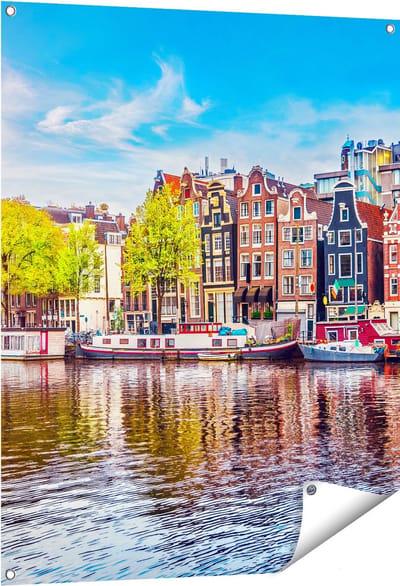 Gards Tuinposter Amsterdamse Huisjes aan het Water - 80x100 cm - Tuindoek - Tuindecoratie - Wanddecoratie buiten - Tuinschilderij