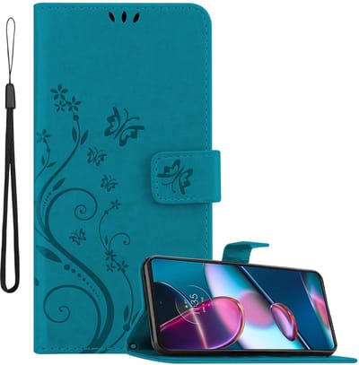 Cadorabo Hoesje geschikt voor Motorola EDGE+ in Blauw - Beschermhoes in bloemmotief met magnetische sluiting, standfunctie en kaartsleuven Book Case Cover Etui