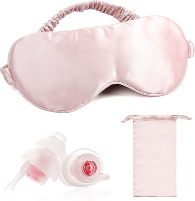 Zijden slaapmasker 100% moerbei zijden oogmasker 22 momme voor slapende vrouwen-mannen - roze met oordopjes en satijnen reistas