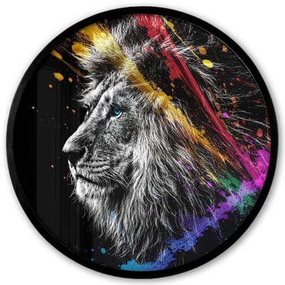 Poster in lijst Rond - Fotolijst 40x40 cm - Posters - Leeuw - Graffiti - Zwart - Neon - Dieren - Ronde posterlijst zwart - Decoratie - Wanddecoratie woonkamer - Muurdecoratie slaapkamer