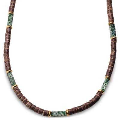Surfer ketting van kokosnoot en groene jaspis