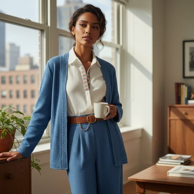Luxe Driedelige Dames Set met Riem – Blazer, Blouse en Broek - Blue, M