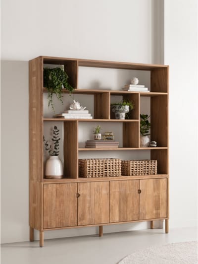 DTP Home Bookcase Apollo, 4 doors, 8 open racks,210x170x40 cm, recycled teakwood