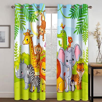 Lot de 2 rideaux de fenêtre avec animaux de dessin animé, safari, jungle, forêt, pour salon, chambre d'enfant, cuisine, étude, maternelle, décoration de la maison W50xH130(CM)x2pcs&Grommet Top