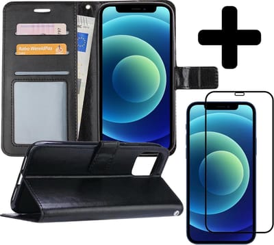 Hoesje - Met Screenprotector - Geschikt voor Apple iPhone 12 - Luxe Pasjeshouder - Flipcase - Bookcase Portemonee - Flip Case - Kunstleer Book Case - Book Cover - Walletcase - Portemonneehoes - Telefoonhoes - Zwart