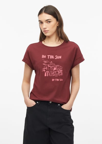 Mouwloze T-shirt van katoenjersey met print op de voorkant ronde hals ruime pasvorm granaat vrouw s.Oliver