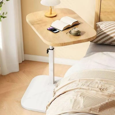 MODFU C-vorm Bijzettafel 37×23,8×45-80 cm – Hoogteverstelbaar met 360° draaibaar blad – Multifunctionele laptoptafel voor bank & bed – Hout & staal – Licht hout/Wit